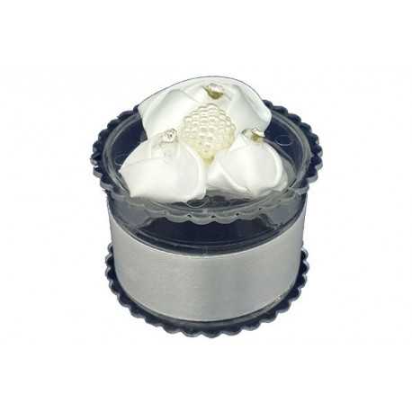 Scatola Tonda portaconfetti con decoro Bianco in plexiglas 6x4cm Scatola Tonda portaconfetti con decoro Bianco in plexiglas 6x4cm
