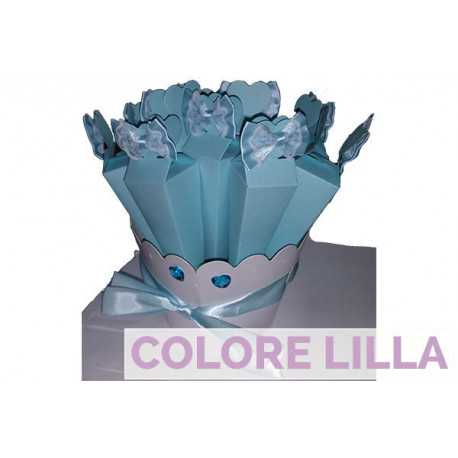 Confezione Kit 10 portaconfetti piramide con fiocco in raso e pizzo con base Lilla Confezione Kit 10 portaconfetti piramide con fiocco in raso e pizzo con base Lilla