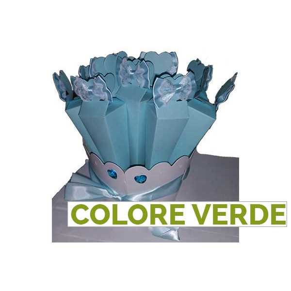 Confezione Kit 10 portaconfetti piramide con fiocco in raso e pizzo con base Verde