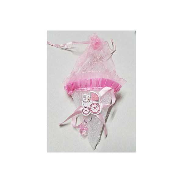 Cono portaconfetti rosa con placca decorativa 10cm