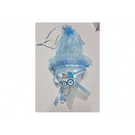 Cono portaconfetti celeste con placca decorativa 10cm Cono portaconfetti celeste con placca decorativa 10cm