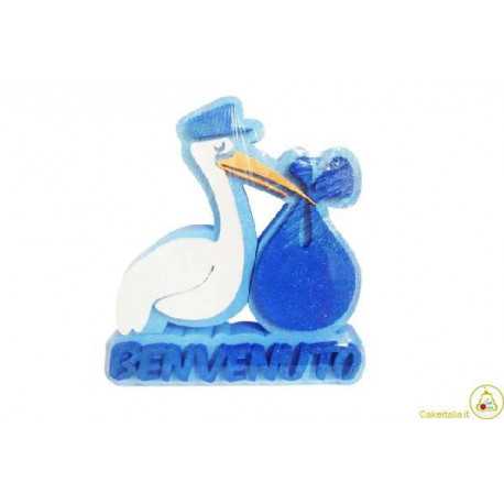 Festone Polistirolo Cicogna Celeste Benvenuto glitterato 37x40x5cm Festone Polistirolo Cicogna Celeste Benvenuto glitterato 37x40x5cm