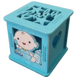 Scatolina in legno Celeste con neonato paffuto: cubo in legno Celeste, decoro bimbo neonato paffuto con biberon