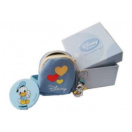 Set Zainetto Celeste decoro Cuori con Ciondolo Argentato e Clip Portaciuccio Paperino Disney