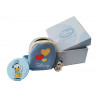 Set Zainetto Celeste decoro Cuori con Ciondolo Argentato e Clip Portaciuccio Paperino Disney Set Zainetto Celeste decoro Cuori con Ciondolo Argentato e Clip Portaciuccio Paperino Disney