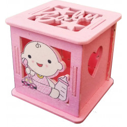 Scatolina in legno Rosa con neonata paffuta: cubo in legno rosa, decoro bimba neonata paffuta con biberon