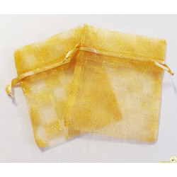 10 sacchettini portaconfetti in organza color oro glitterati a scacchi, con tirante, larghi 10 cm ed alti 12 cm