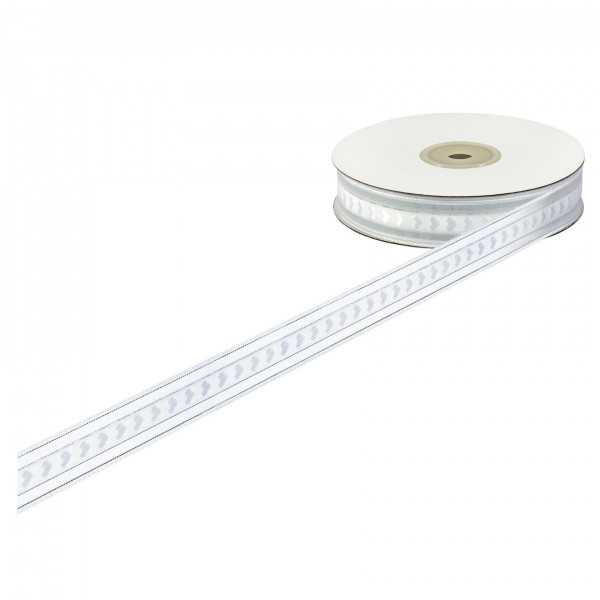 Nastro organza bianco con inserto cuori e striscia argento 20mmx25m