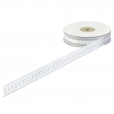 Nastro organza bianco con inserto cuori e striscia argento 20mmx25m Nastro organza bianco con inserto cuori e striscia argento 20mmx25m