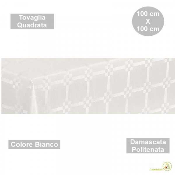 Tovaglia monouso di forma quadrata di lato 100 cm in carta damascata politenata a fondo pieno colore bianco.