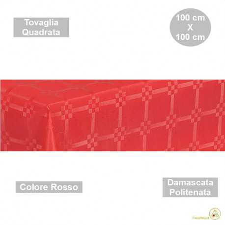 Tovaglia monouso di forma quadrata di lato 100 cm in carta damascata politenata a fondo pieno colore rosso.