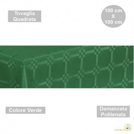 Tovaglia monouso di forma quadrata di lato 100 cm in carta damascata politenata a fondo pieno colore verde. Tovaglia monouso di forma quadrata di lato 100 cm in carta damascata politenata a fondo pieno colore verde.
