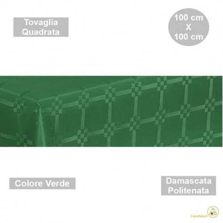 Tovaglia monouso di forma quadrata di lato 100 cm in carta damascata politenata a fondo pieno colore verde.