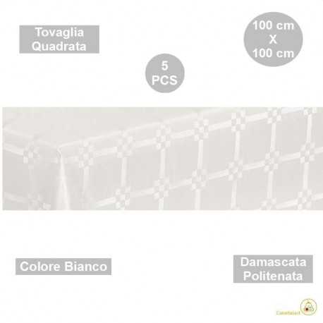 5 Tovaglie monouso di forma quadrata di lato 100 cm in carta damascata politenata a fondo pieno colore bianco