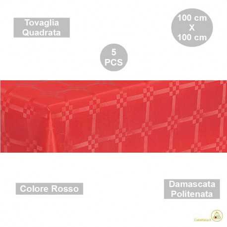 5 Tovaglie monouso di forma quadrata di lato 100 cm in carta damascata politenata a fondo pieno colore rosso