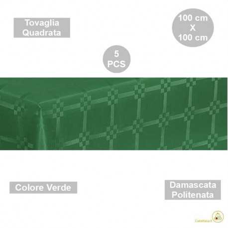 5 Tovaglie monouso di forma quadrata di lato 100 cm in carta damascata politenata a fondo pieno colore verde 5 Tovaglie monouso di forma quadrata di lato 100 cm in carta damascata politenata a fondo pieno colore verde