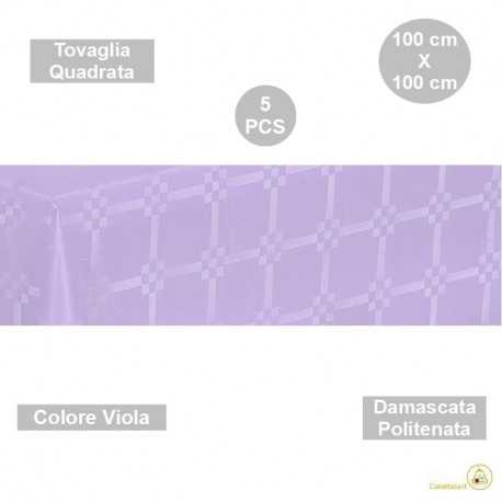 5 Tovaglie monouso di forma quadrata di lato 100 cm in carta damascata politenata a fondo pieno colore viola