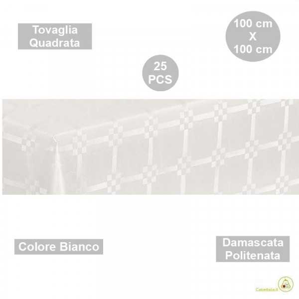 25 Tovaglie monouso di forma quadrata di lato 100 cm in carta damascata politenata a fondo pieno colore bianco