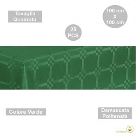 25 Tovaglie monouso di forma quadrata di lato 100 cm in carta damascata politenata a fondo pieno colore verde