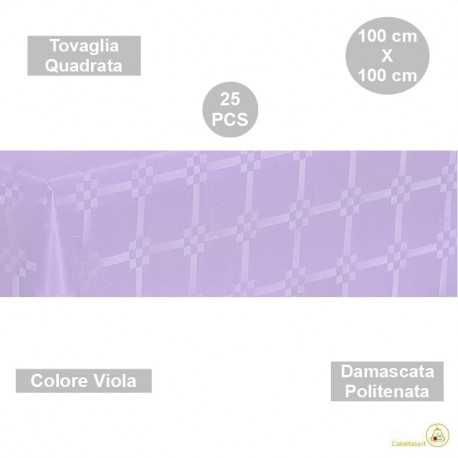 25 Tovaglie monouso di forma quadrata di lato 100 cm in carta damascata politenata a fondo pieno colore viola