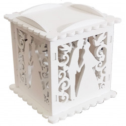 Scatolina portaconfetti in legno bianco con merletti e decoro sposi