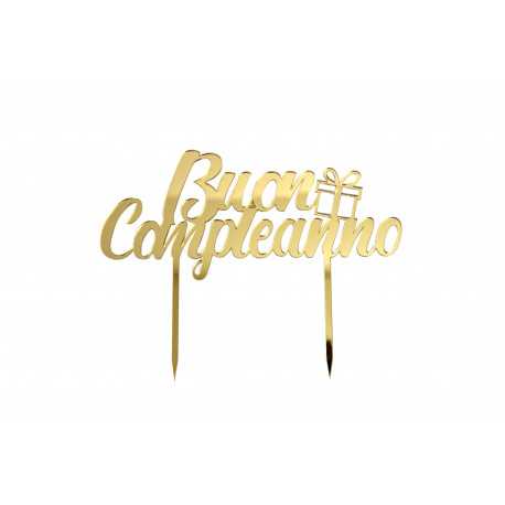 Cake Topper Buon Compleanno in Plexiglas ad effetto specchio colore Oro lungo 20 cm