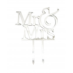 Cake Topper Mr & Mrs matrimonio in Plexiglas ad effetto specchio colore argento lunga 15 cm