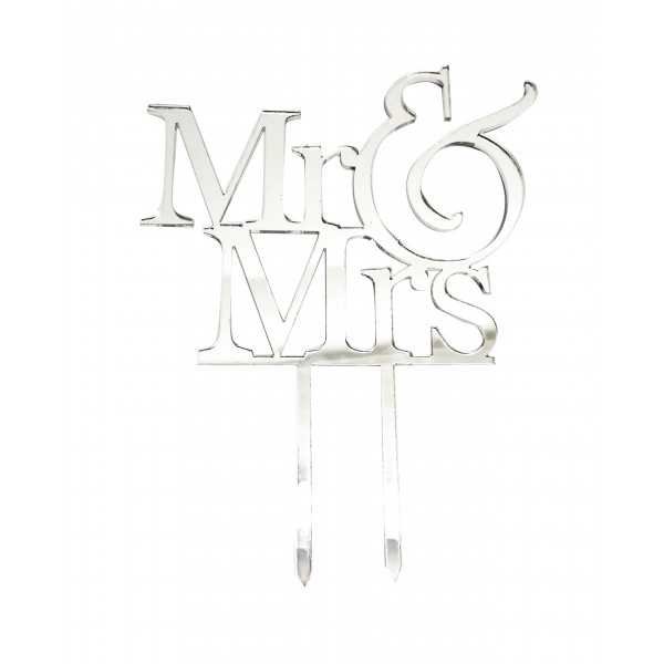Cake Topper Mr & Mrs matrimonio in Plexiglas ad effetto specchio colore argento lunga 15 cm