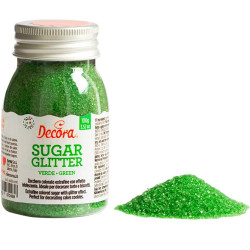 Cristalli di Zucchero Verde glitterato, in barattolo da 100 g di Decora.
