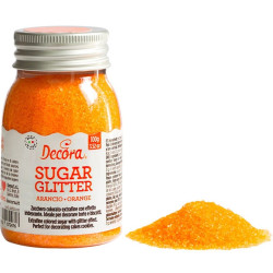 Cristalli di Zucchero Arancio glitterato, in barattolo da 100 g di Decora.