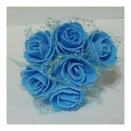 Rose in spugna con velo a pois celeste: mazzettino di 6 rose con velo a pu̯à celeste, di 3 cm Rose in spugna con velo a pois celeste: mazzettino di 6 rose con velo a pu̯à celeste, di 3 cm