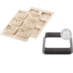 Kit Tarte Ring Mini Sand o Mini Sabbia: stampi per 6 crostatine quadrate da 8 cm
