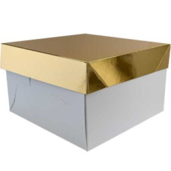 Box Porta-panettone basso in cartoncino bianco con coperchio dorato
