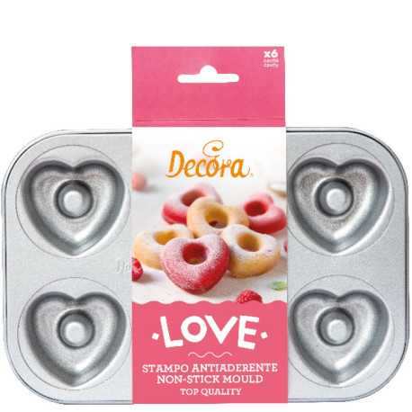 Plateau o Teglia 6 Ciambelle Cuore diametro 7,5 cm in acciaio antiaderente da Decora Plateau o Teglia 6 Ciambelle Cuore diametro 7,5 cm in acciaio antiaderente da Decora