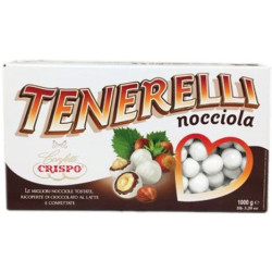 Confetti Tenerelli Bianchi Crispo: nocciola tostata ricoperta di cioccolato a latte e confettata bianca Crispo