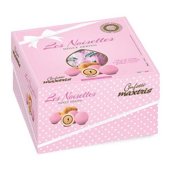 Dolce Arrivo Noisettes Rosa 500 g Maxtris. Confetti tondi alla nocciola incartati singolarmente in vassoio