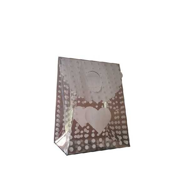 12 Sacchetti Regalo in PVC a pois con decoro cuore bianco 9x6xh12 cm