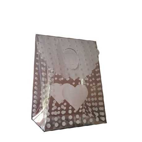 12 Sacchetti Regalo in PVC a pois con decoro cuore bianco 9x6xh12 cm