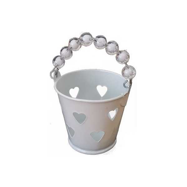 Mini Secchiello Bianco con decoro cuore e manico con perline trasparenti, portaconfetti o bomboniera