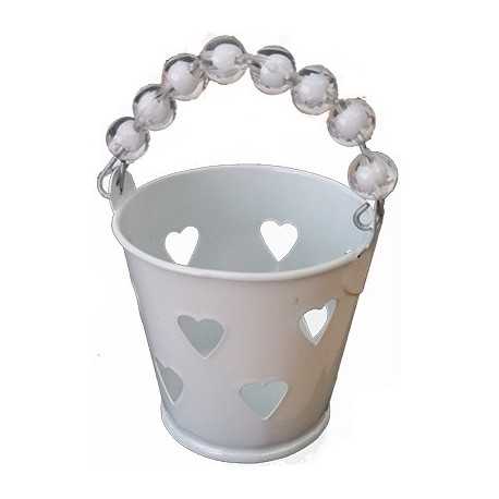 Mini Secchiello Bianco con decoro cuore e manico con perline trasparenti, portaconfetti o bomboniera Mini Secchiello Bianco con decoro cuore e manico con perline trasparenti, portaconfetti o bomboniera