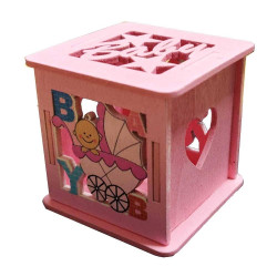 Scatolina in legno Rosa con neonata e carrozzina: cubo in legno rosa, decoro bimba neonata paffuta con carrozzina