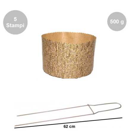 Kit Spillone acciaio 62 cm con 5 Stampi Panettone Alto in cellulosa 500 g Kit Spillone acciaio 62 cm con 5 Stampi Panettone Alto in cellulosa 500 g