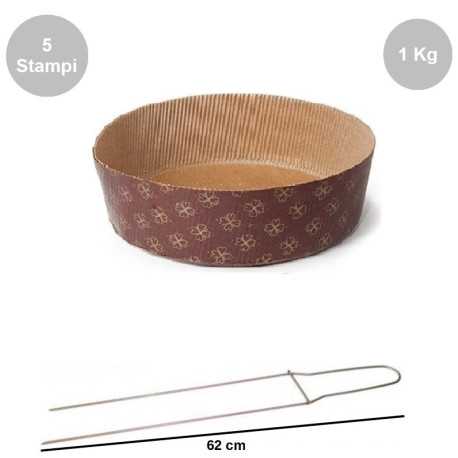 Kit Spillone in acciaio da 62 cm con 5 Stampi Panettone Basso in cellulosa da 1 Kg Kit Spillone in acciaio da 62 cm con 5 Stampi Panettone Basso in cellulosa da 1 Kg