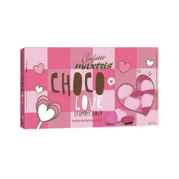 Maxtris Choco Love Sfumati Rosa: cuoricini di cioccolato al latte confettati e sfumati rosa, in confezione da 500 g