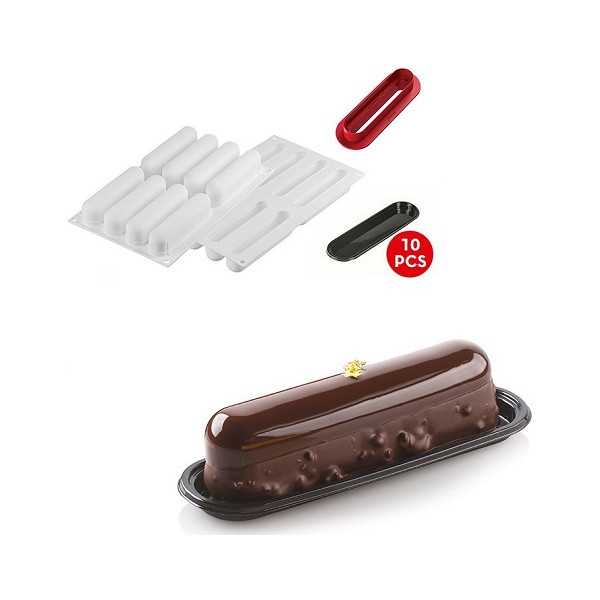 Kit Éclair 120 stampo in silicone per dessert lungo 13 cm con cutter e piattini da Silikomart
