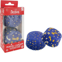 Pirottini Muffin Natalizi Decora Stars (36 pz) – Carta Forno Blu Notte con Stelle Dorate (Ø5×H3,2 cm)