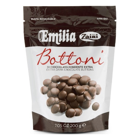 Bottoni di Cioccolato Emilia extra fondente al 50 % in busta da 200 g da Zaini Bottoni di Cioccolato Emilia extra fondente al 50 % in busta da 200 g da Zaini