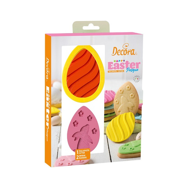 Set Uova Pasqua Decorate 3D: tagliapasta in plastica per gallette e stampo termoformato per placchette di cioccolato da Decora