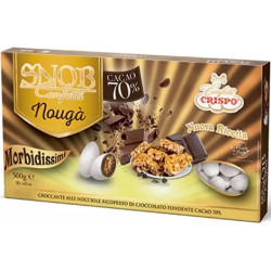 Confetti Snob Nougà, bianchi Crispo da 500 g: croccante alle nocciole ricoperto di cioccolato fondente cacao 70%.