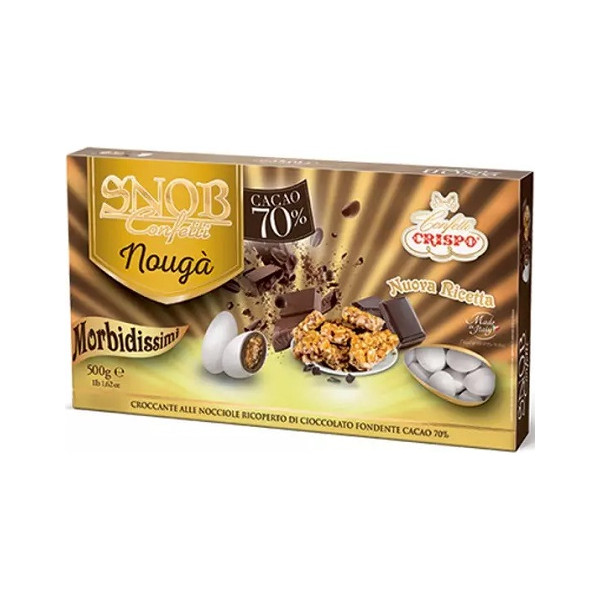 Confetti Snob Nougà, bianchi Crispo da 500 g: croccante alle nocciole ricoperto di cioccolato fondente cacao 70%.